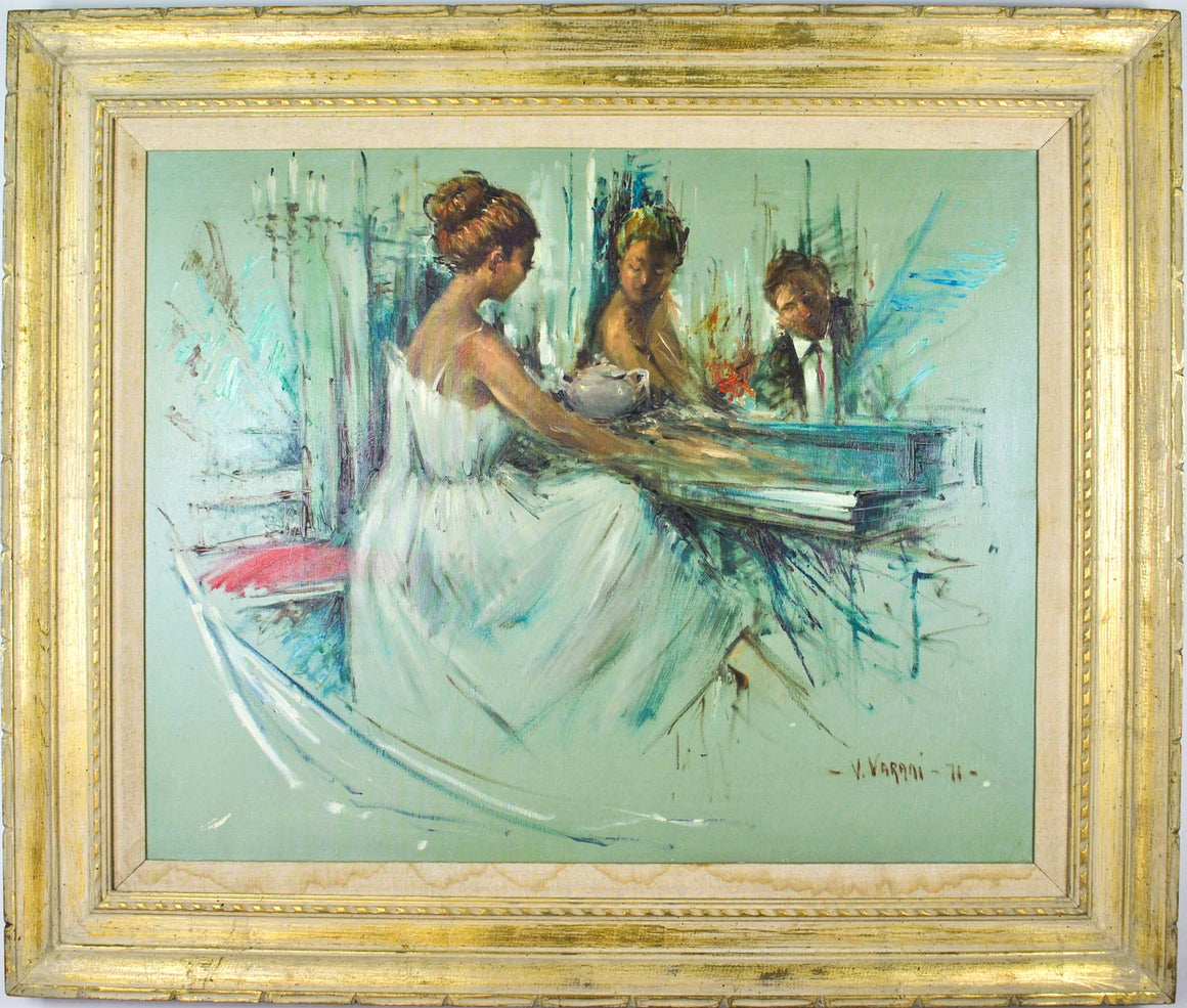 V. Varani - Young Woman Playing Piano - Signed Oil on Canvas - 1971