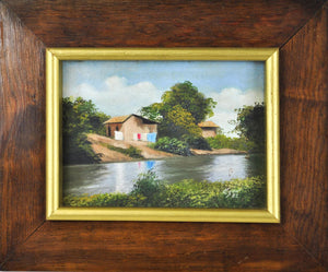 House Cottage River Landscape Oil Painting Framed Signed 11x9in