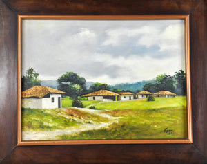 Vintage Village House Cottage Landscape Oil Painting Signed Framed 19x15in