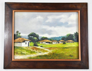 Vintage Village House Cottage Landscape Oil Painting Signed Framed 19x15in