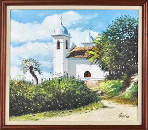 White Church Spain Latin America Landscape Oil Painting Signed Framed 18x16in