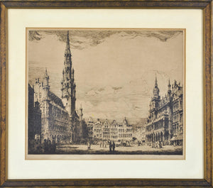 Vtg Cathedral European Street Scene Building Architecture Print Framed 13x9in