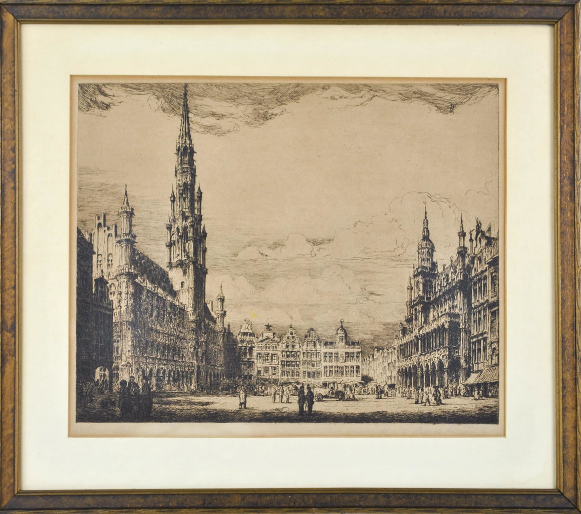 Vtg Cathedral European Street Scene Building Architecture Print Framed 13x9in