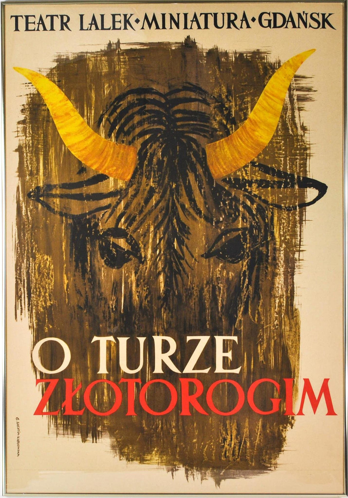 60’s Polish Original Poster BULL with Golden Horn O Turze Zlotorogim TEATR LALEK