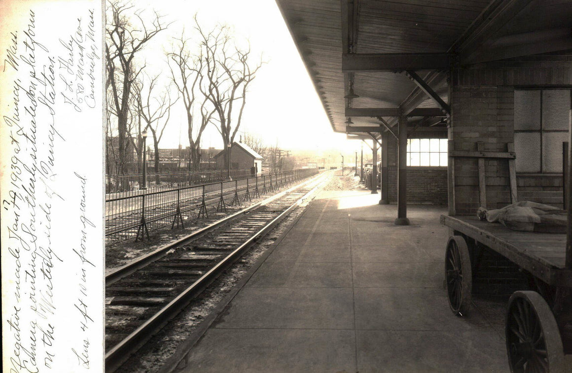 Railroad Station Photograph Quincy Massachusetts Luggage Cart 1939