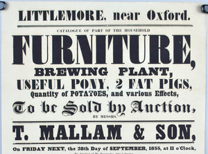 1855 Auction Broadside Useful Pony & 2 Fat Pigs Littlemore Oxford Washington