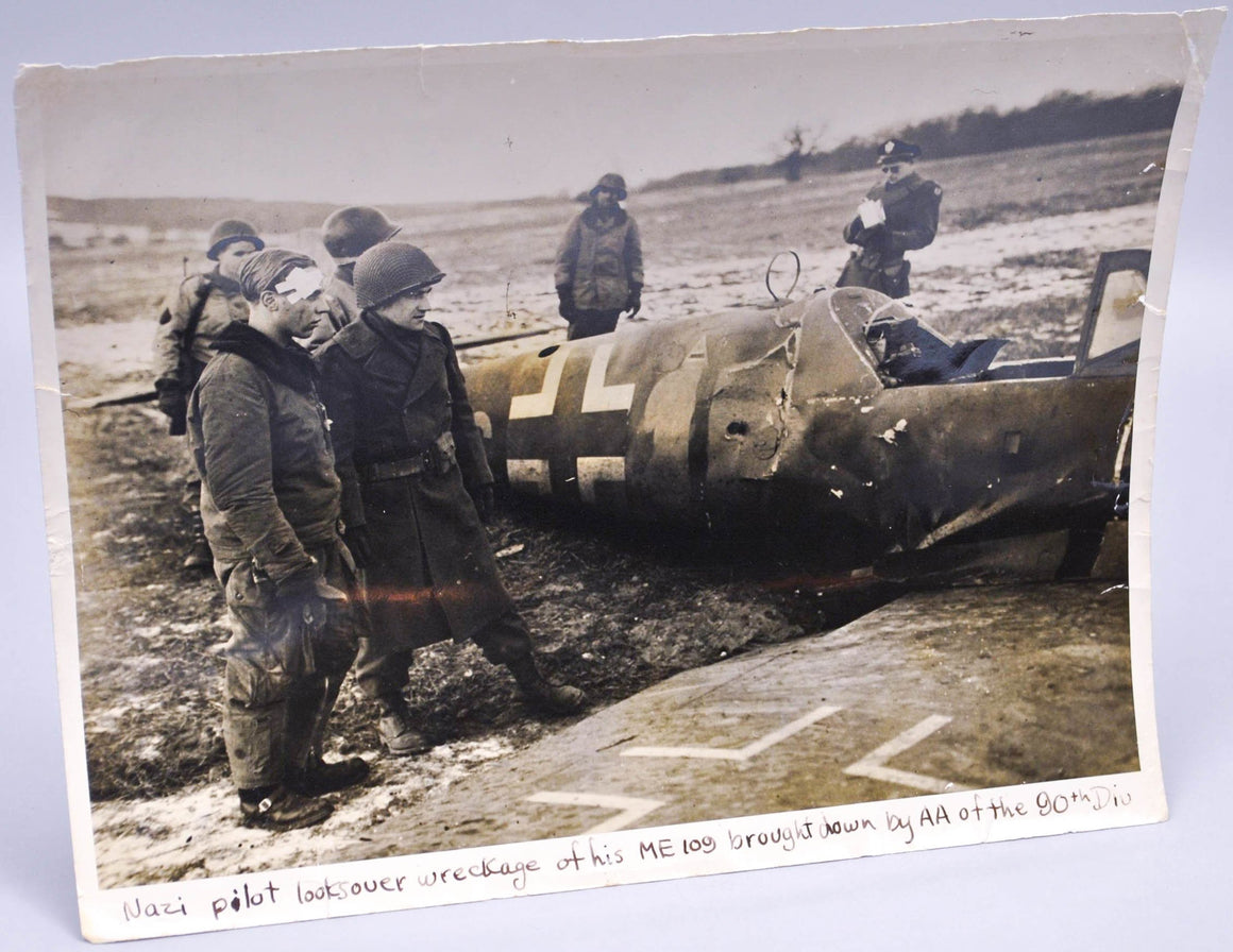 WWII Photo German Pilot Looks Over Wreckage ME 109 Downed by AA of the 90th Div
