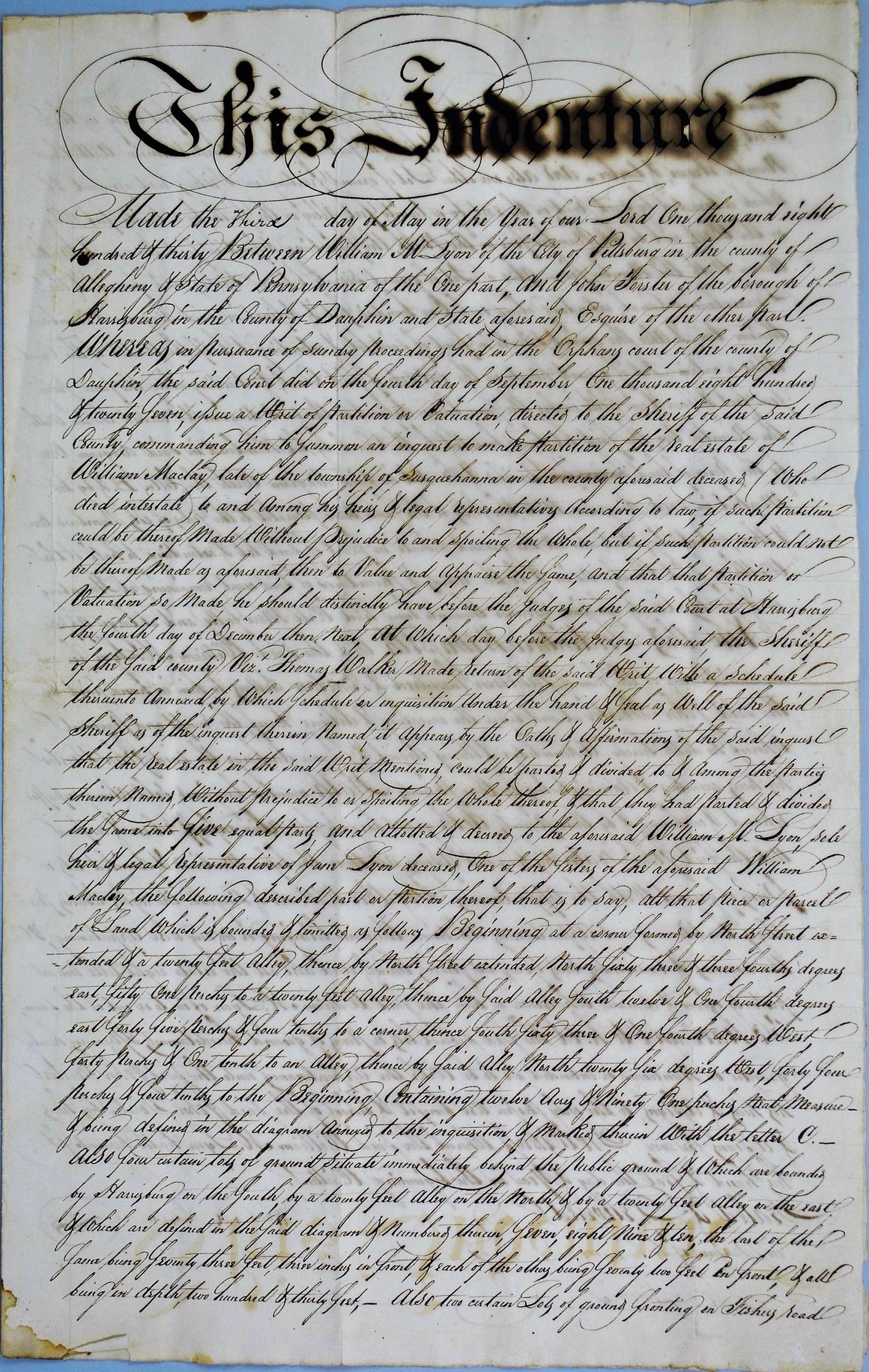 1830 Deed Indenture William Lyon to John Forster