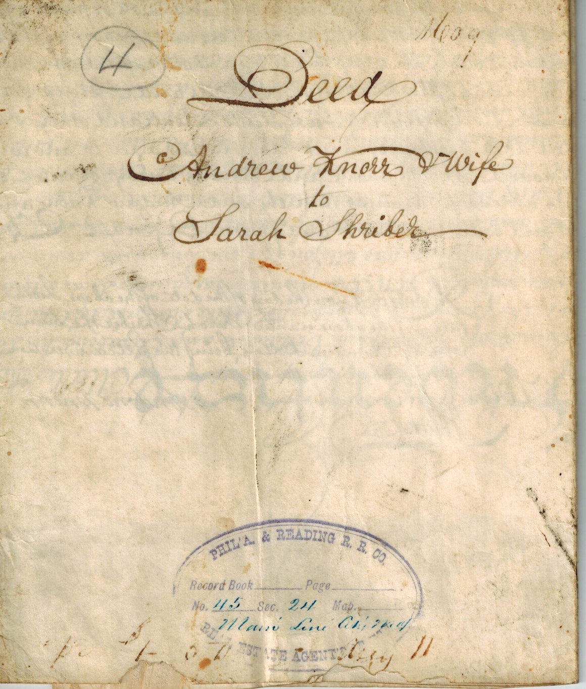 Deed Philadelphia & Reading Railroad Andrew Knorr & Sarah Shriber 1813