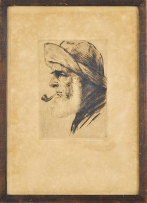 Antique Portrait Elder Man Smoking Pipe Pencil Signed Framed 7x10in