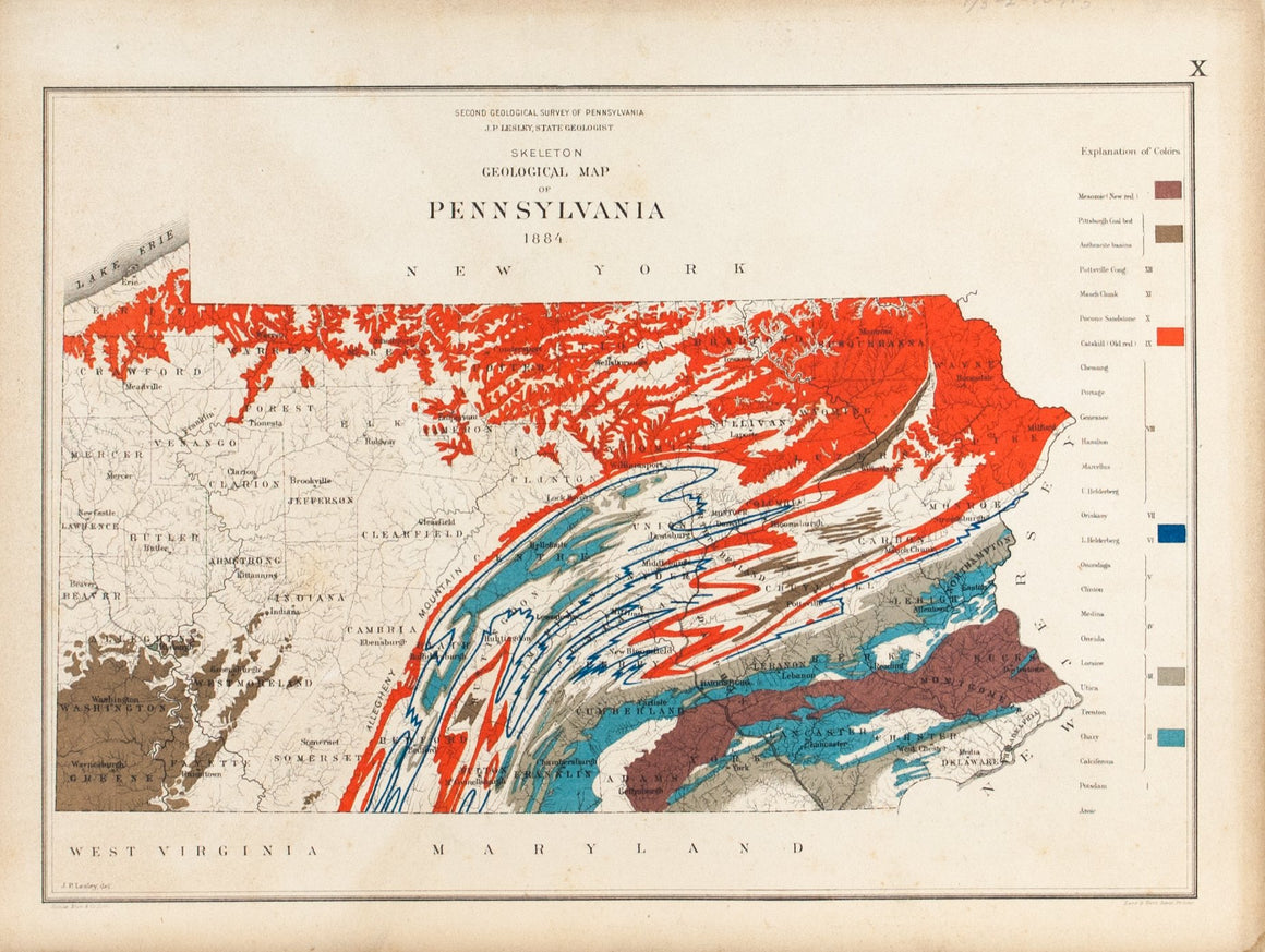 1885 Skeleton Geological Map of Pennsylvania - Lesley