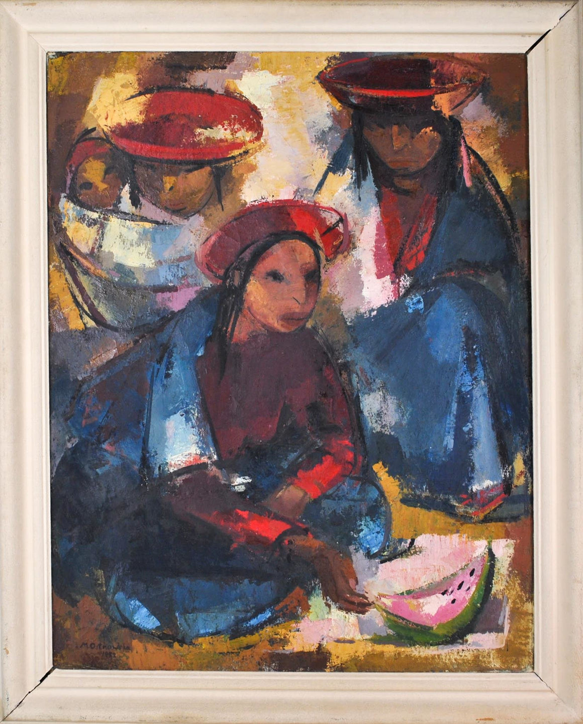 1952 Quechua Peruvian Mother with Child by Ostnowska Large Oil  Painting 34x42