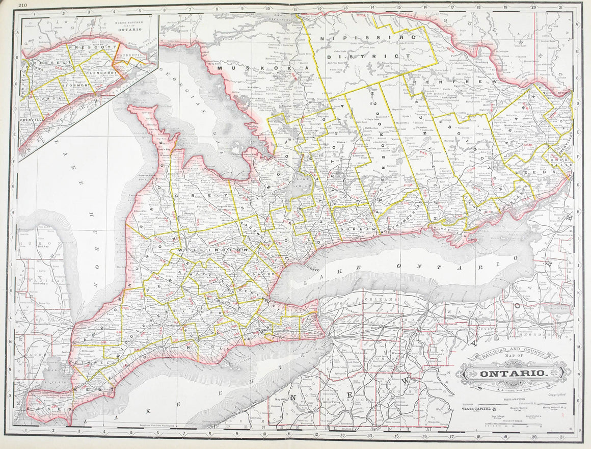 1887 Railroad and County Map of Ontario - Cram