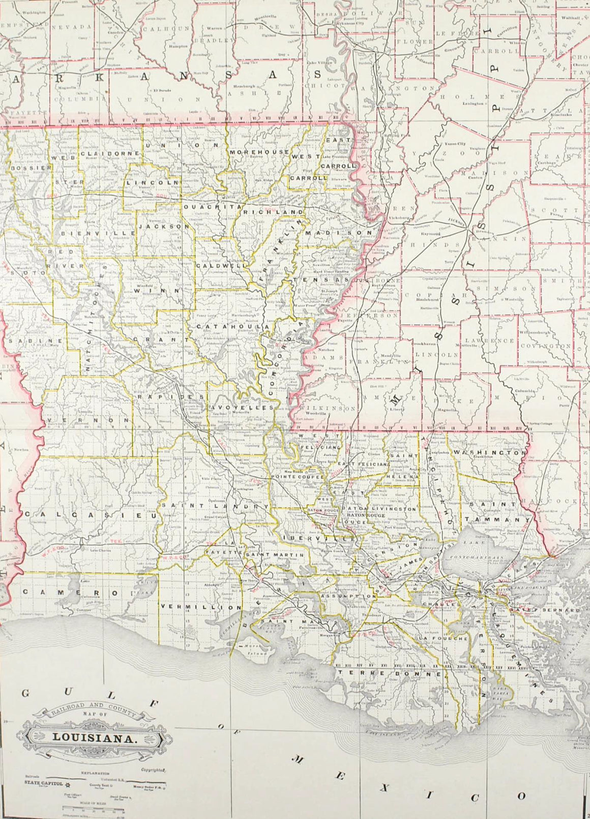 1887 Railroad and County Map of Louisiana