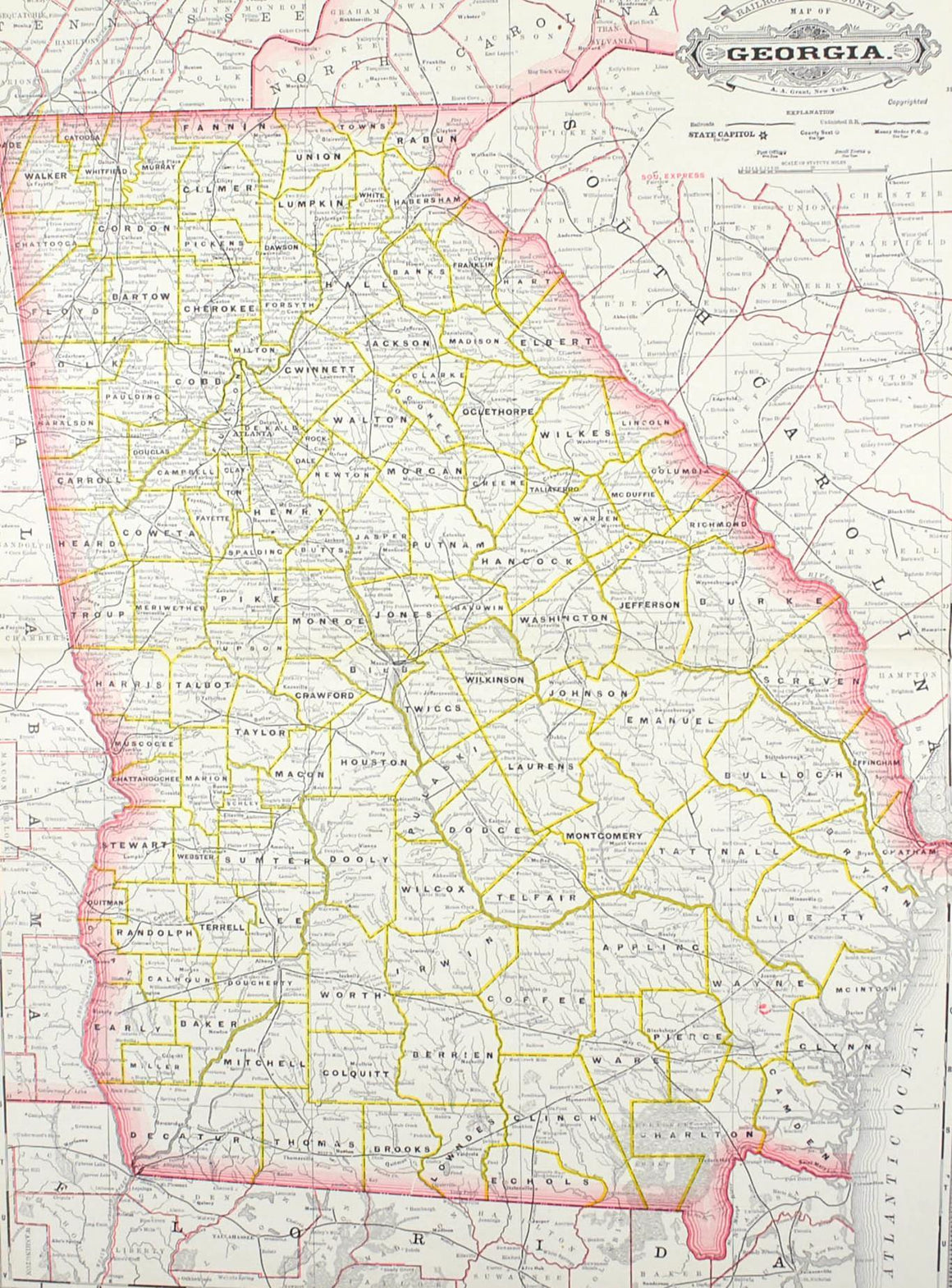 1887 Railroad and County Map of Georgia