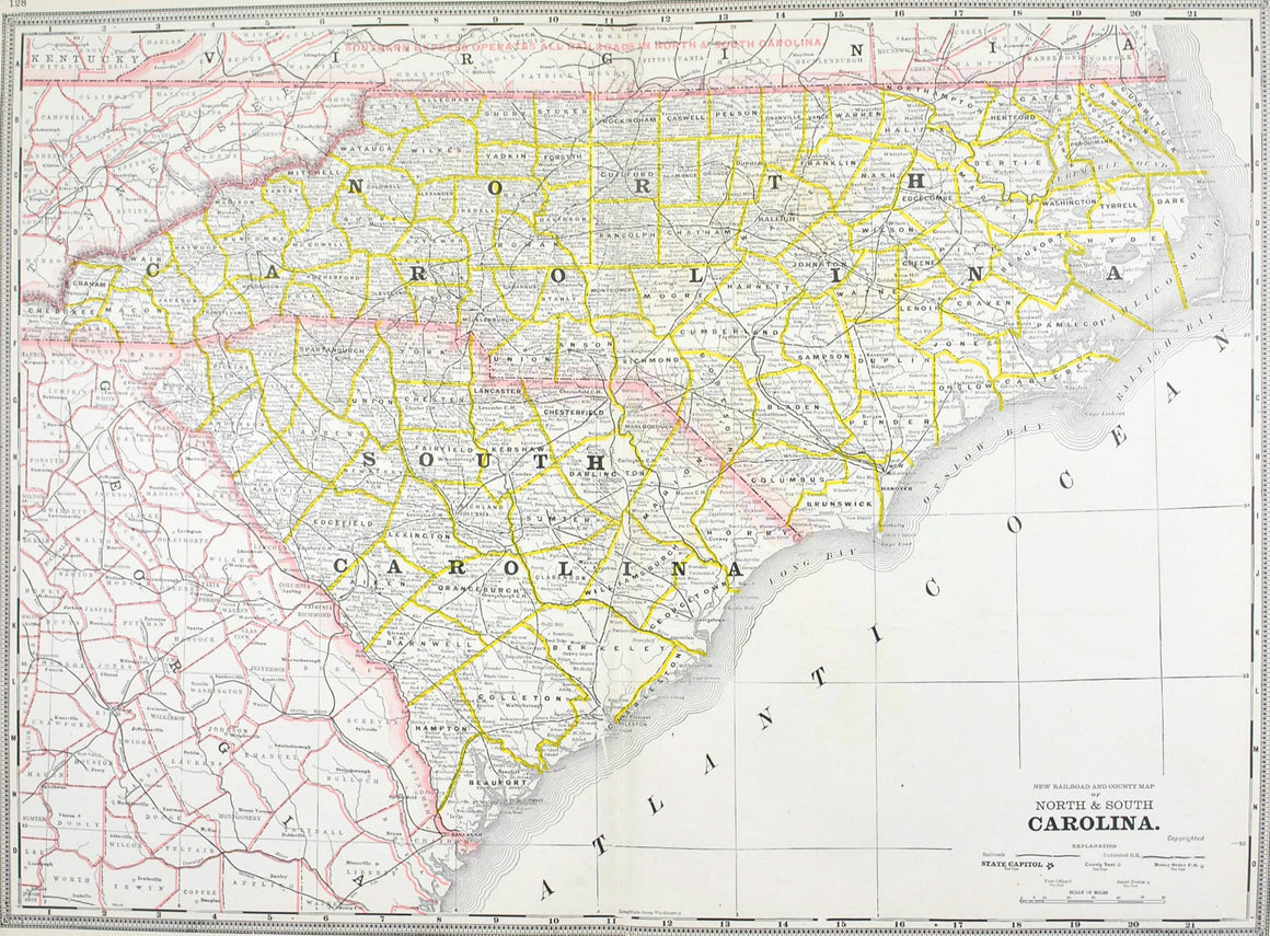 1887 Railroad and County Map of North & South Carolina