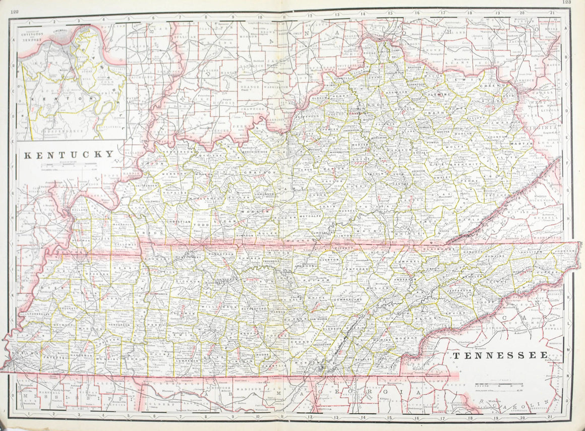 1887 Railroad and County Map of Kentucky & Tennessee