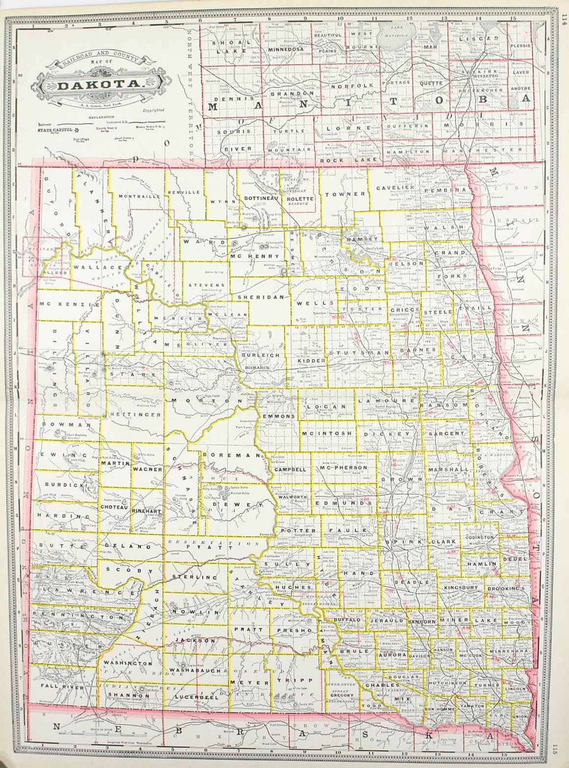 1887 Railroad and County Map of Dakoda