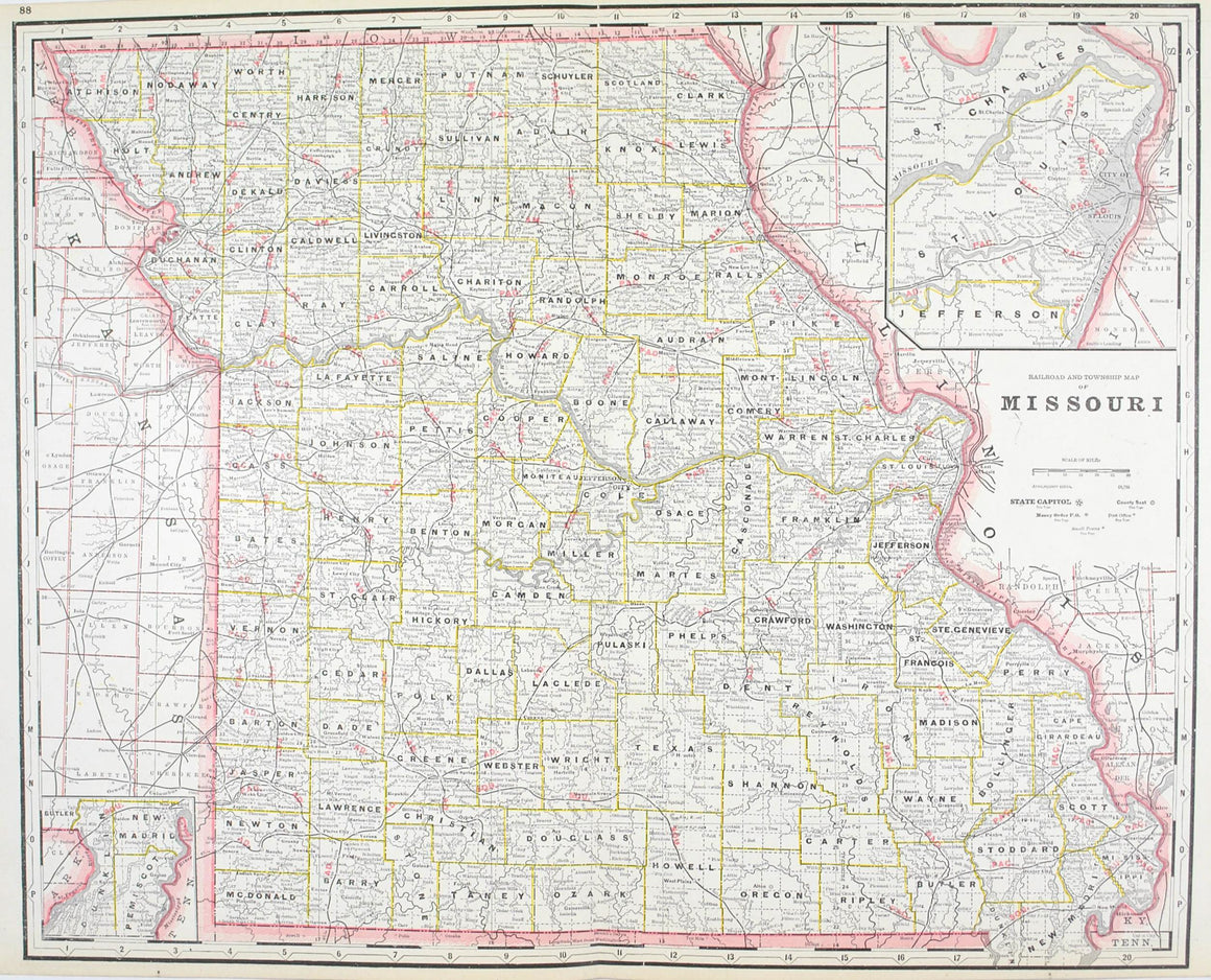 1887 Railroad and County Map of Missouri