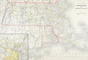 1887 Railroad and County Map of Massachusetts Rhode Island