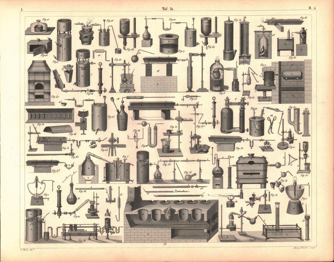 Beakers Tubes Furnace Equipment Antique Chemistry Print 1857