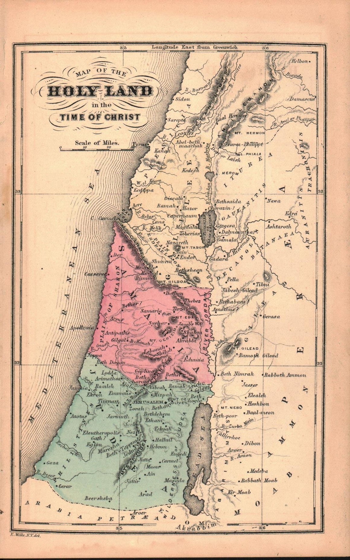 1870 Map of the Holy Land in the Time of Christ - E Wells