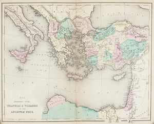 1870 Map Travels of Apostle Paul - E Wells 