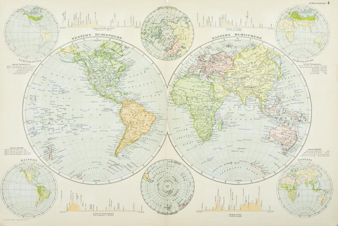 1891 Hemisphere World Map