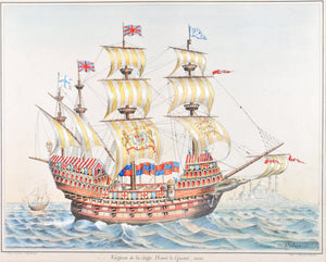19th c. Nautical Print Hand Color Great Harry English Battleship Great Ship 1520