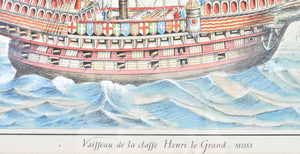 19th c. Nautical Print Hand Color Great Harry English Battleship Great Ship 1520