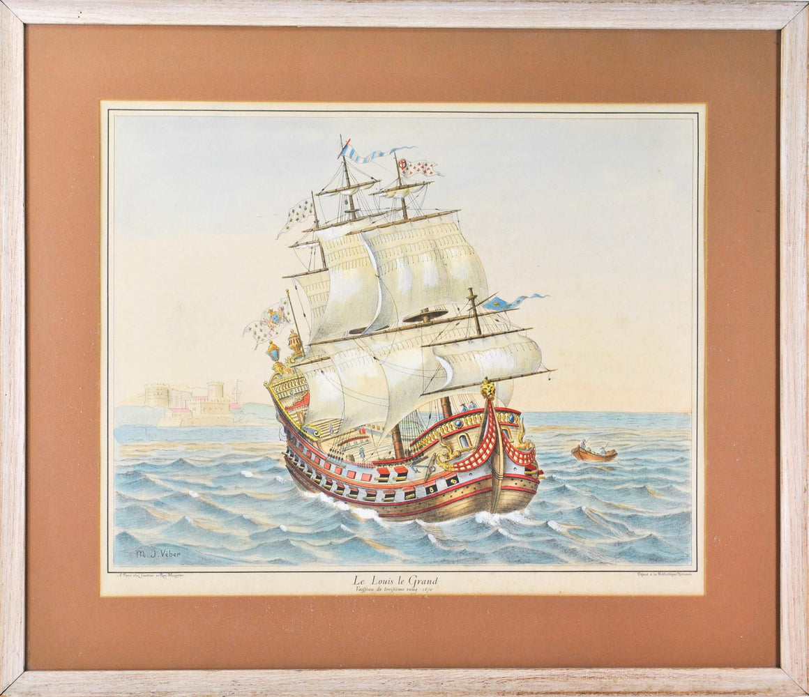 19th c. Nautical Print Hand Color Le Louis le Grand Great Ship Battleship Framed