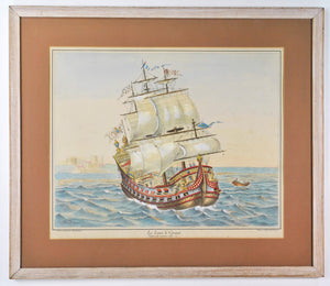 19th c. Nautical Print Hand Color Le Louis le Grand Great Ship Battleship Framed