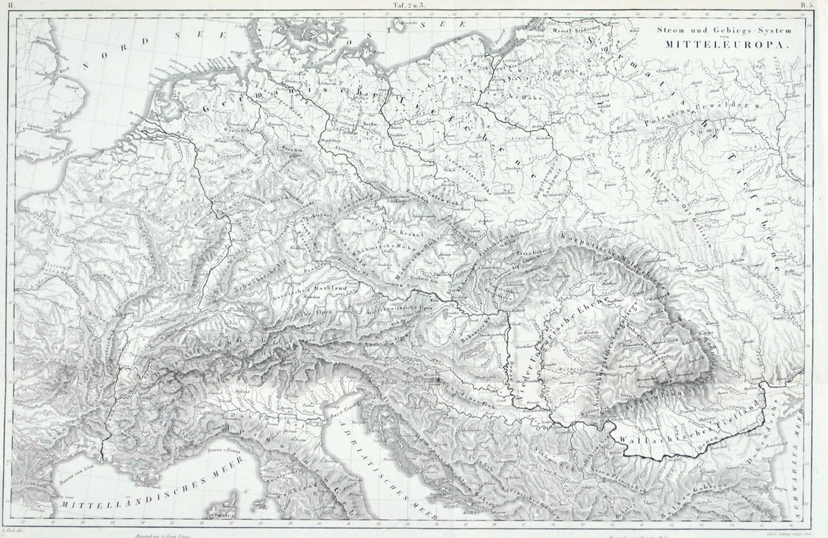 1857 Taf 2 u. 5 Strom und Gebirgs System von Mitteleuropa - JG Heck