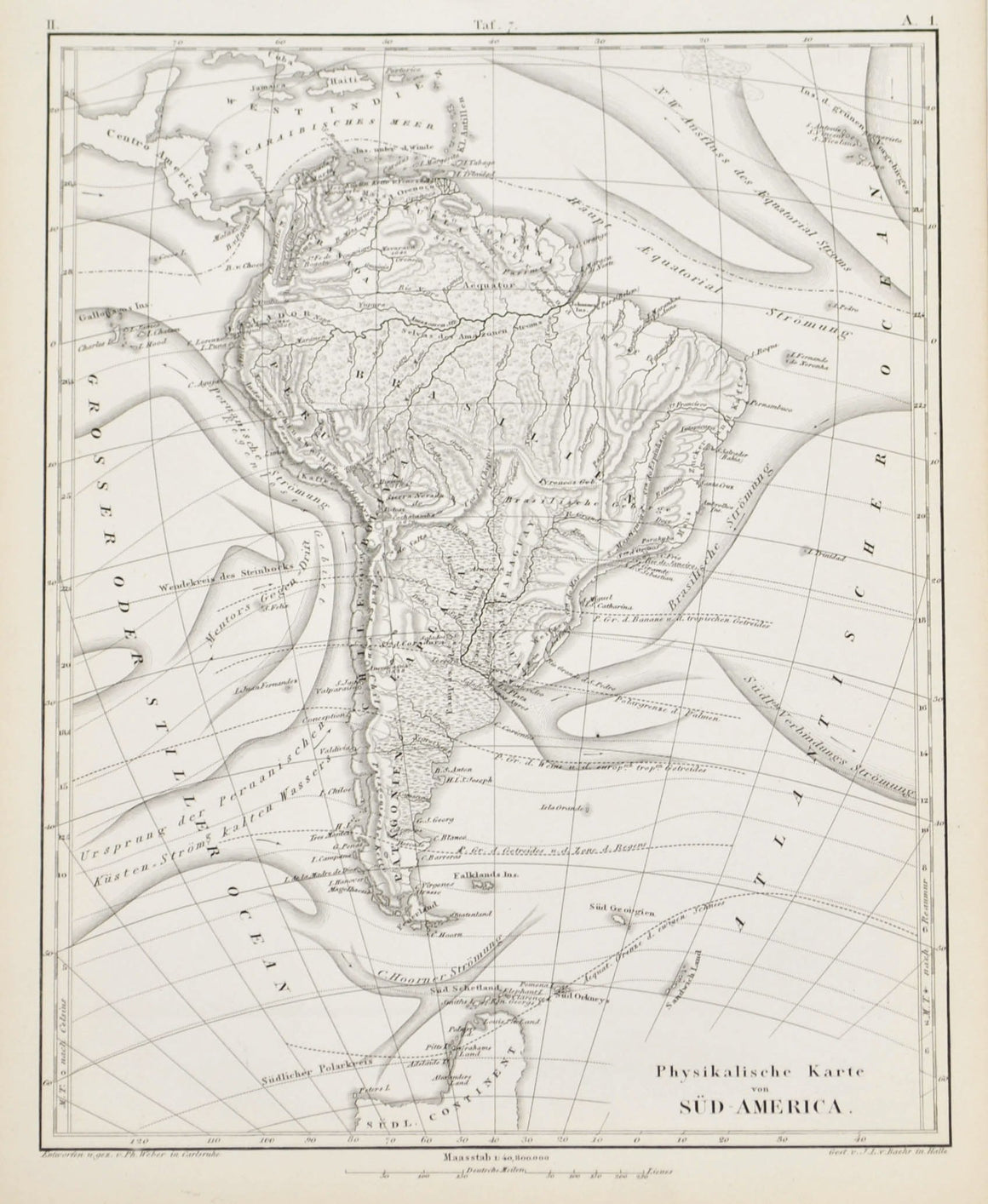 1857 Tef 7 Physical Map of South America - JG Heck