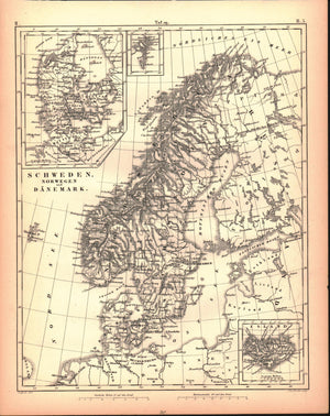 Denmark Sweden Norway Antique Engraved Map 1857